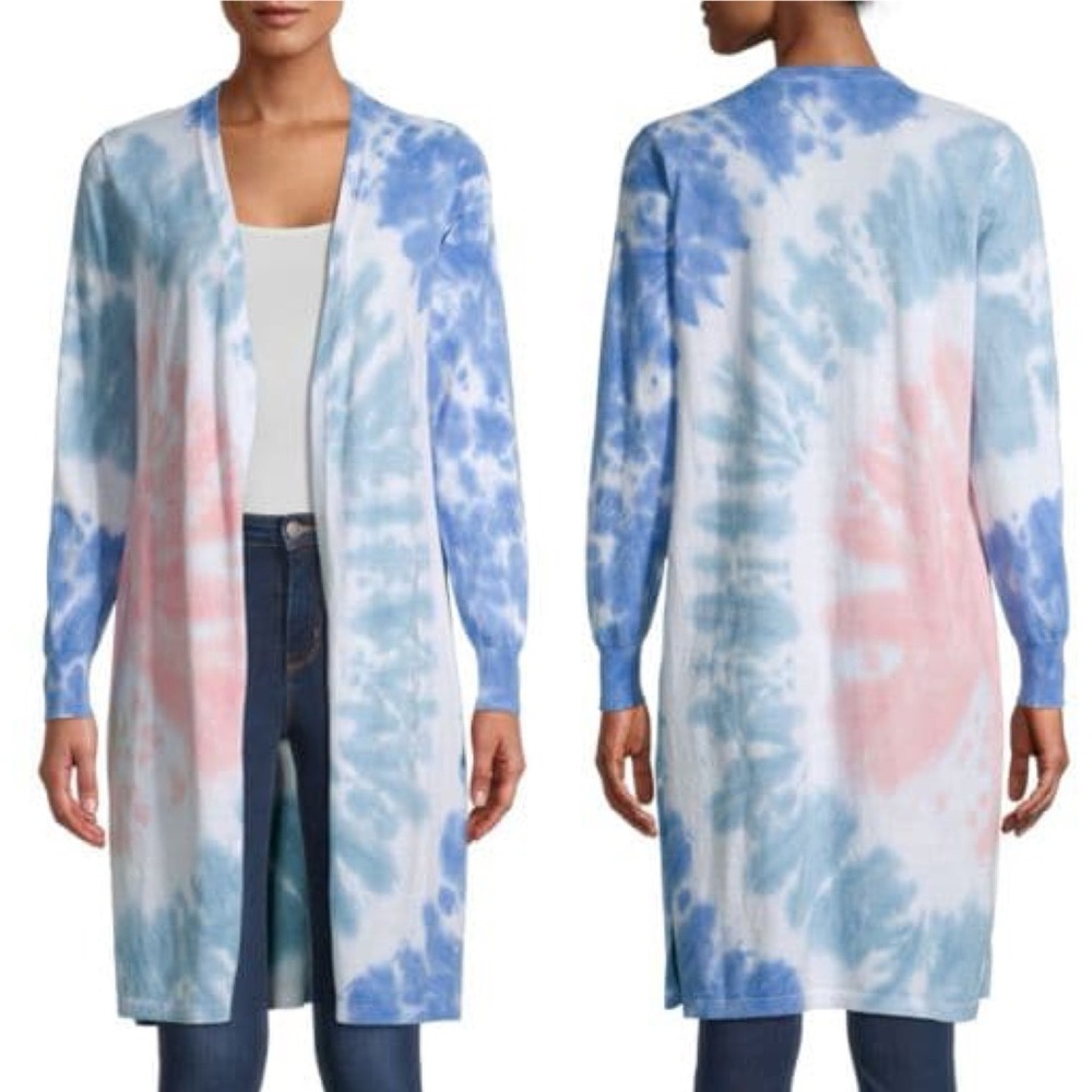 Minnie Rose Cashmere Blue, Pink & White Long Line Duster Cardigan
